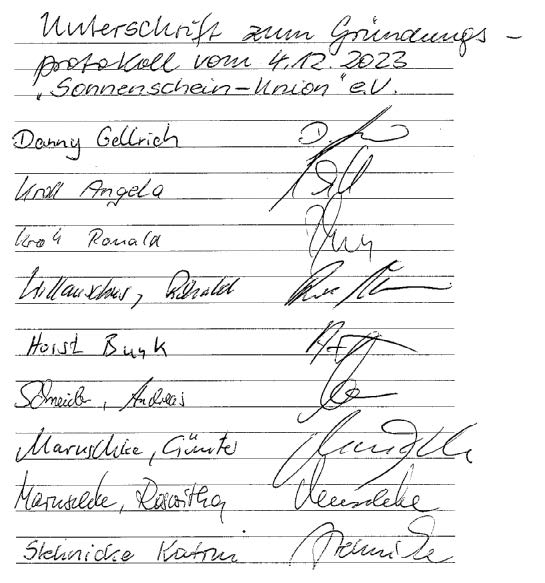 Unterschriften zum Gründungsprotokoll vom 04.12.2023 des Sonnenschein-Union e.V.