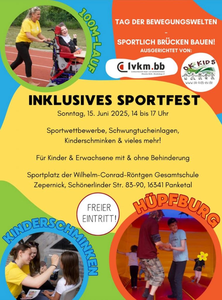 Poster des inklusiven Sportfestes, das auf den 100m-Lauf, Kinderschminken und eine Hüpftburg hinweist